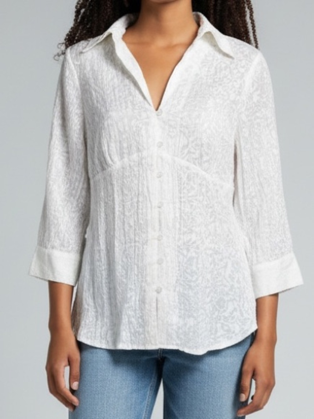 White Crinkle Blouse Semi Sheer Button Front 3/4 Sleeve Textured Fred David Top